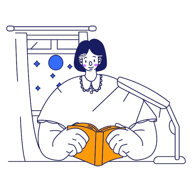 Girl reading book at night