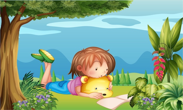 A girl reading a book in the park vector