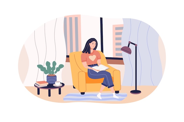 Vector girl reading a book sitting in an armchair near the window in the bedroom daily routines