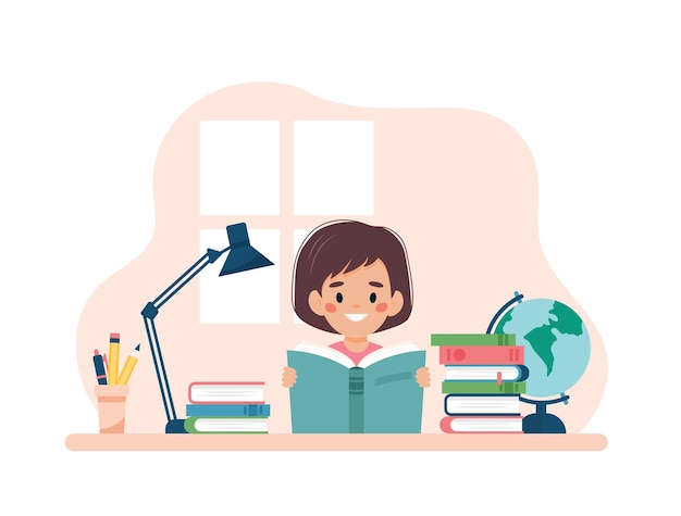 Girl reading a book sitting at a desk. Vector illustration concept in cartoon style