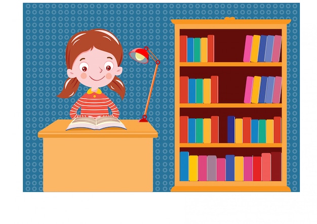 Vector a girl reading book on the table bookshelf