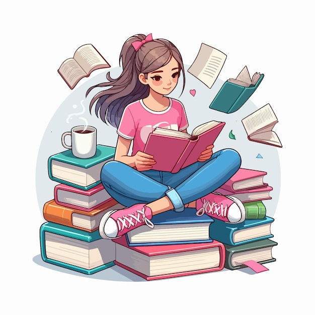 本を読む女の子 ベクトルイラスト 世界教育デー 本を読むベクトル