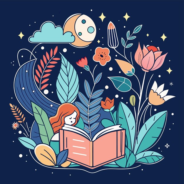 Vector a girl reading a book with flowers and the words quot the moon quot on the top