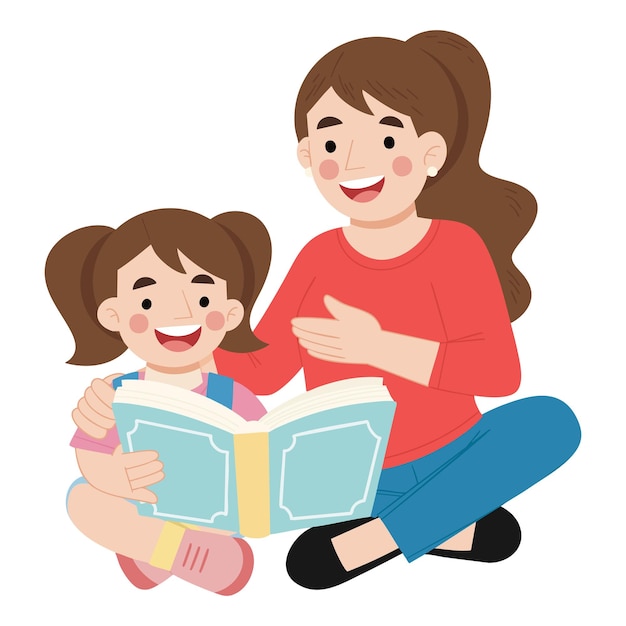 Girl reading book with mother cartoon illustration