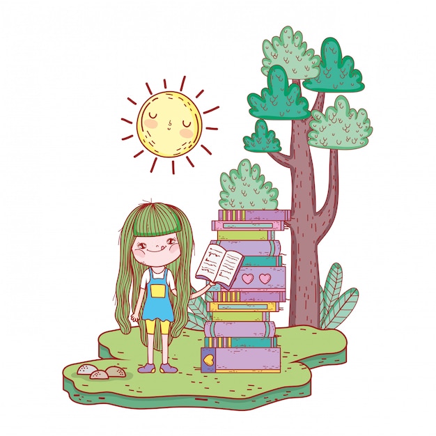 Girl reading book with sun kawaii in the field