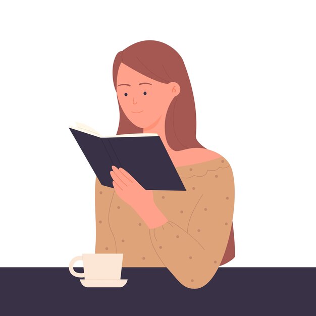 Vector girl reading and drinking coffee