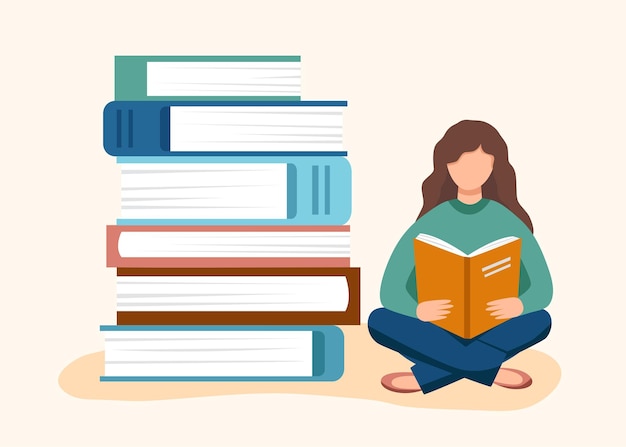 The girl reading and sitting near the stack of books- education concept