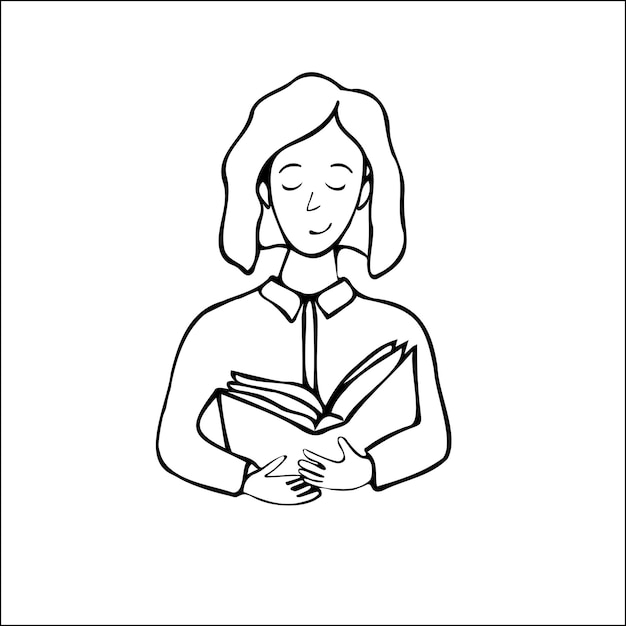 Girl reads book. hand-drawn doodle schoolgirl reading a textbook. vector, editable, isolated