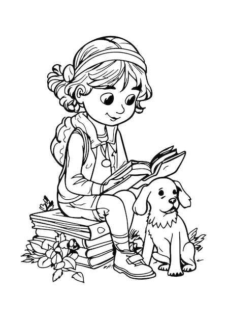 A girl reads a book with a dog on a book.
