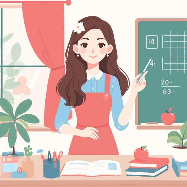 Vector a girl in a red apron stands in front of a blackboard with a picture of a girl with a red apron on it