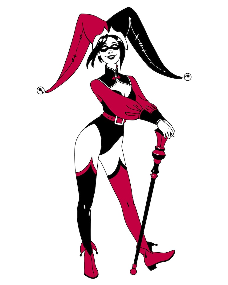 Vector girl in a red and black jester costume in a big hat with bells