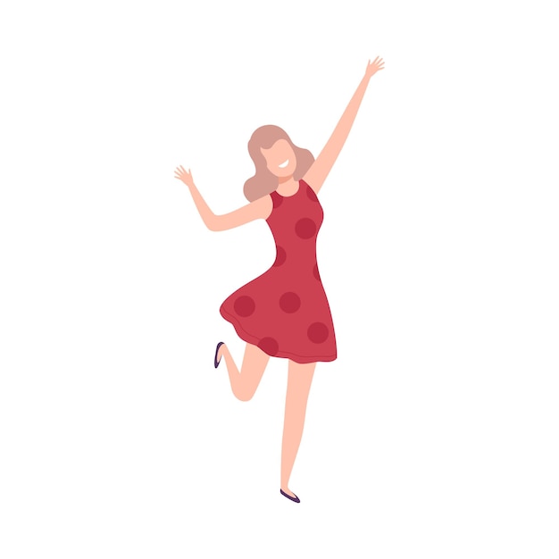 Girl in Red Dress with Raising Hands Female Character Dancing at Party Having Fun or Celebrating Success Flat Vector Illustration