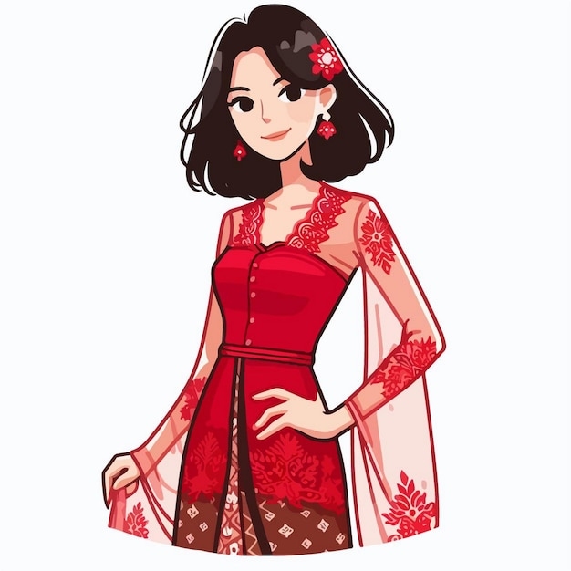 Vector a girl in a red dress with a red flower on her chest