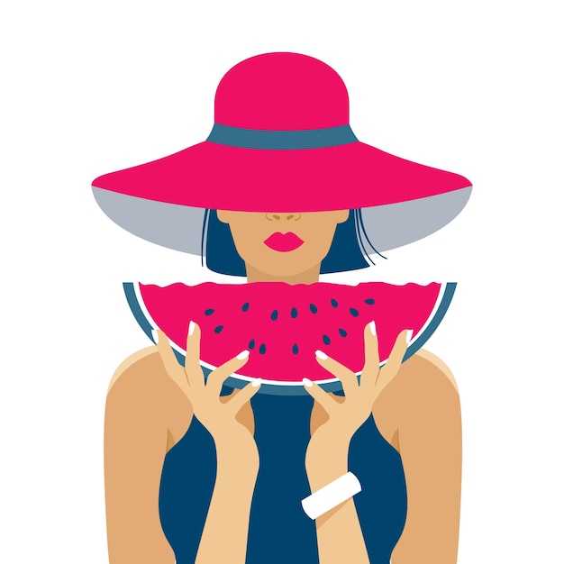 A girl in a red hat holds a slice of watermelon in her hands vector white background