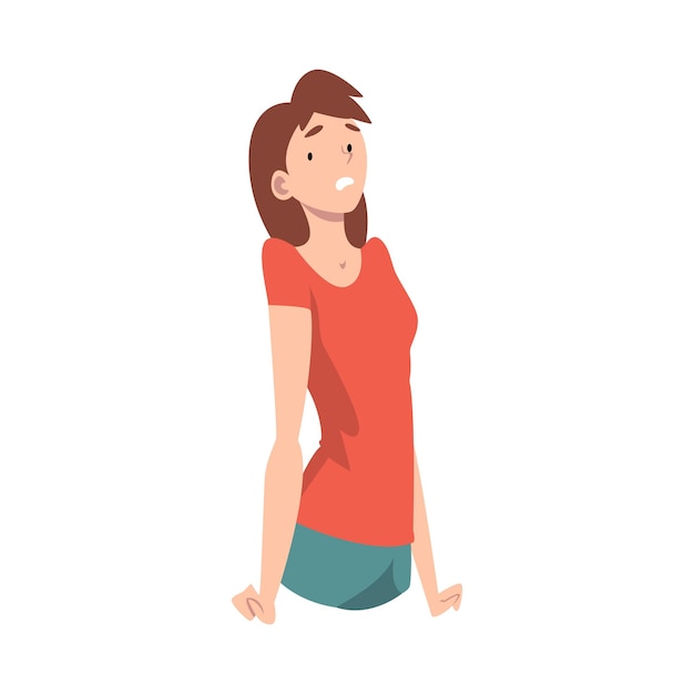 Girl in a red shirt clenches her fists vector illustration