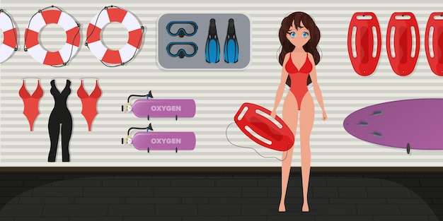 Vector a girl in a red swimsuit holds a life board. lifeguard woman in the lifeguard room. cartoon.