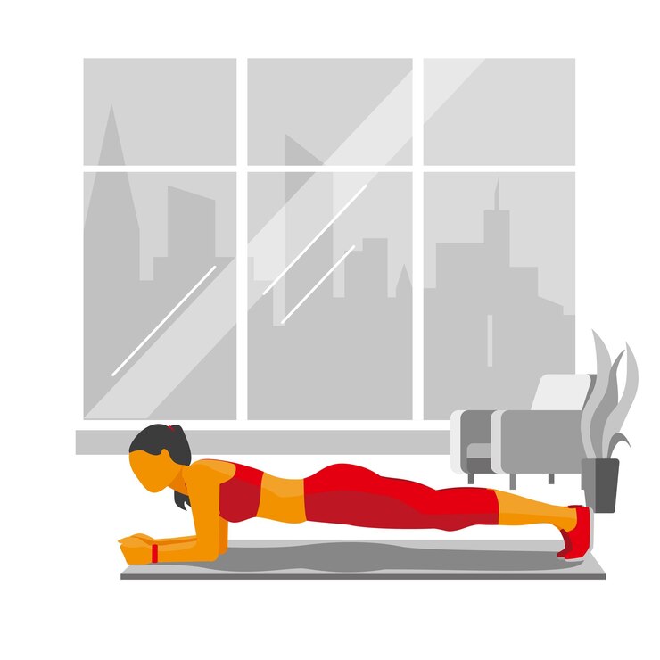 Vector a girl in a red tracksuit does a "plank" exercise.