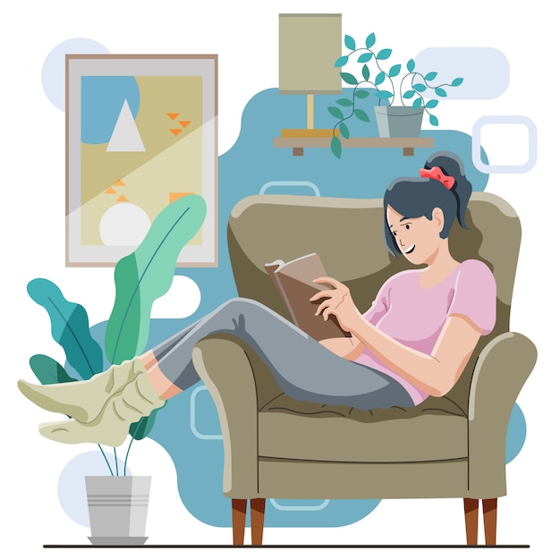 Vector girl relax on sofa reading a book