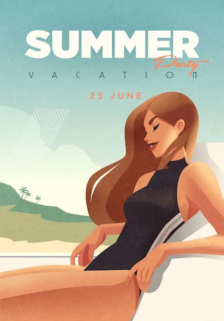 Vettore ragazza che si distende sulla spiaggia manifesto delle vacanze estive con una donna sexy sulla spiaggia