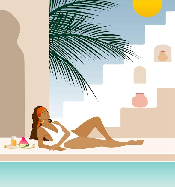 Vector girl relaxing by the pool