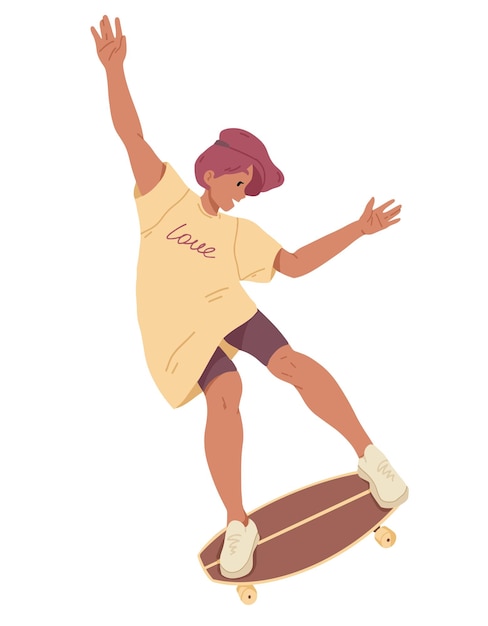 Girl ride on skateboard Summer leisure activity Vector