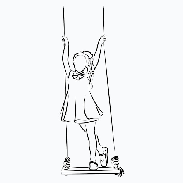Vector girl ride on swing line art illustration