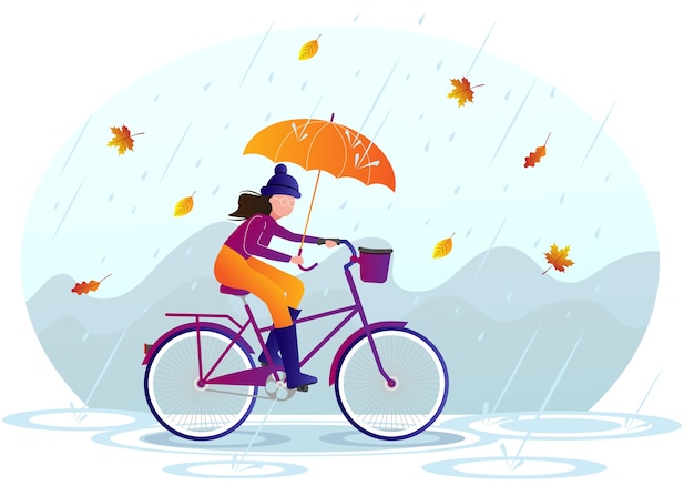 The girl rides a bicycle in the rain. fall