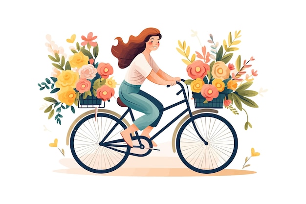 Vector girl rides a bicycle with flowers vector illustration design