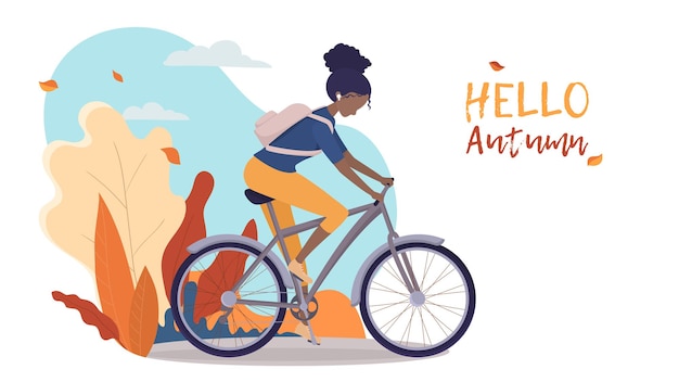 Vettore la ragazza va in bicicletta, la donna afroamericana va in bicicletta nel paesaggio autunnale. poster o banner per negozio di biciclette, abbigliamento sportivo o cartolina