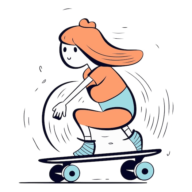 Vector girl rides on a skateboard in cartoon style