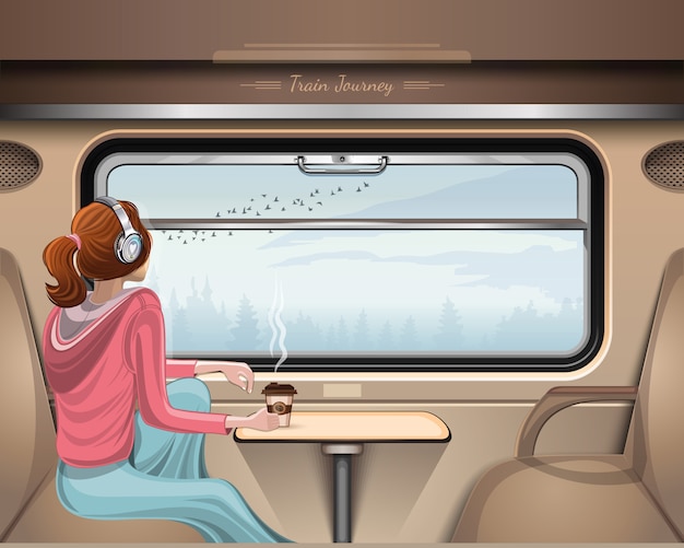 Vector girl rides a train and looks out the window