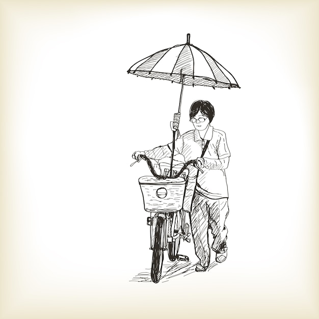 A girl riding bicycle to market and adapting umbrella on bicycle, free hand drawing sketch   illustration