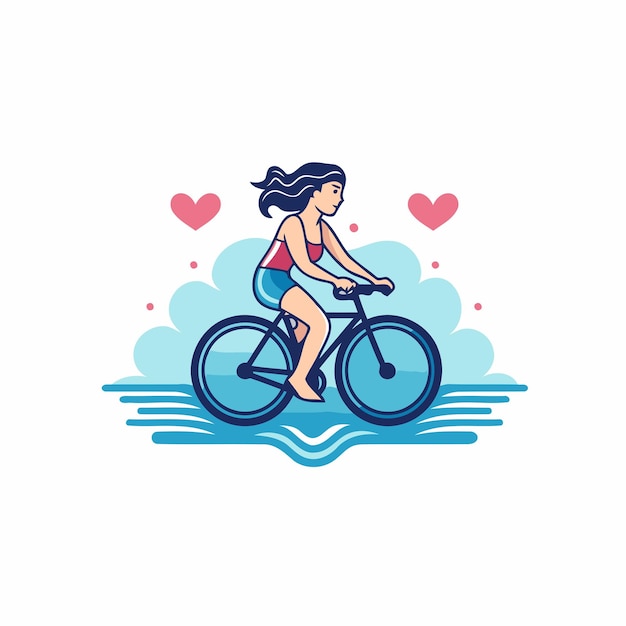 Girl riding a bicycle in the sea Vector illustration in flat style