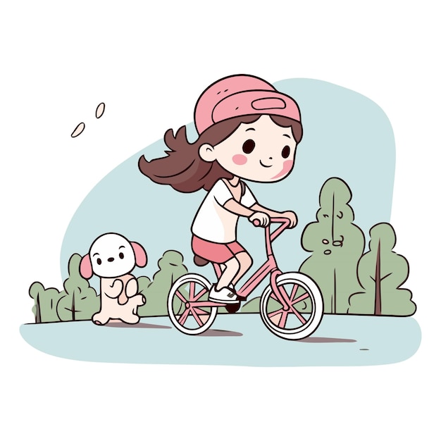 Girl riding a bike with her dog in the park