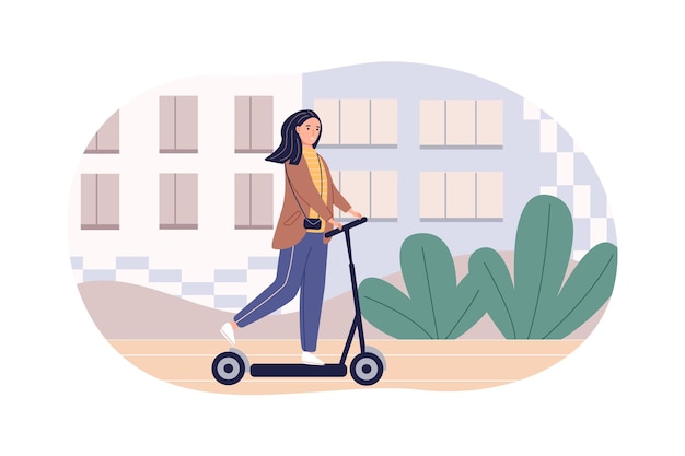 Девушка на электрическом скутере повседневная рутина и повседневная деятельность молодой женщины проводят время на прогулке