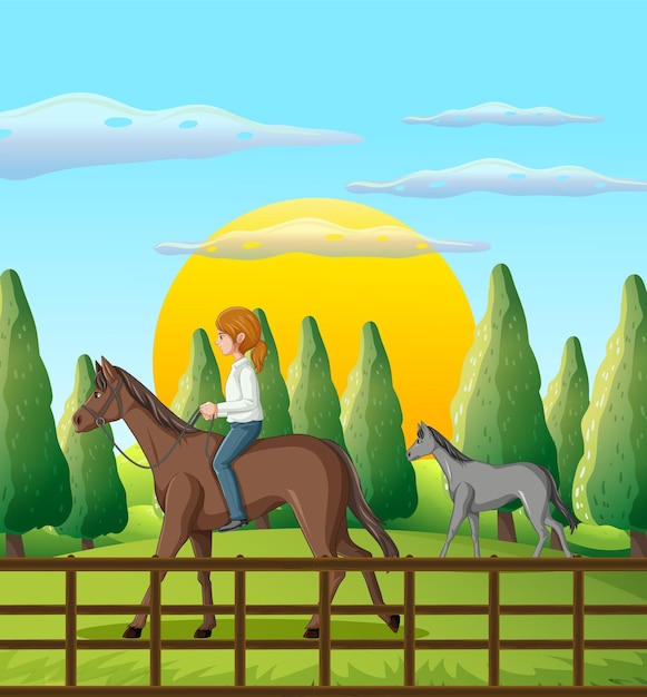 A girl riding on a horse at farm scene