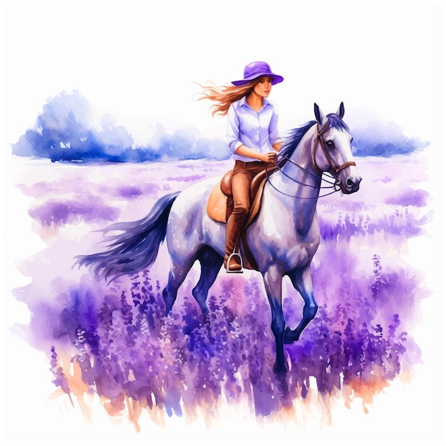 Девушка едет на лошади на лавандовых полях акварель