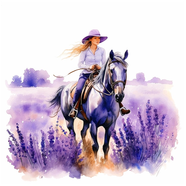 Девушка едет на лошади на лавандовых полях акварель