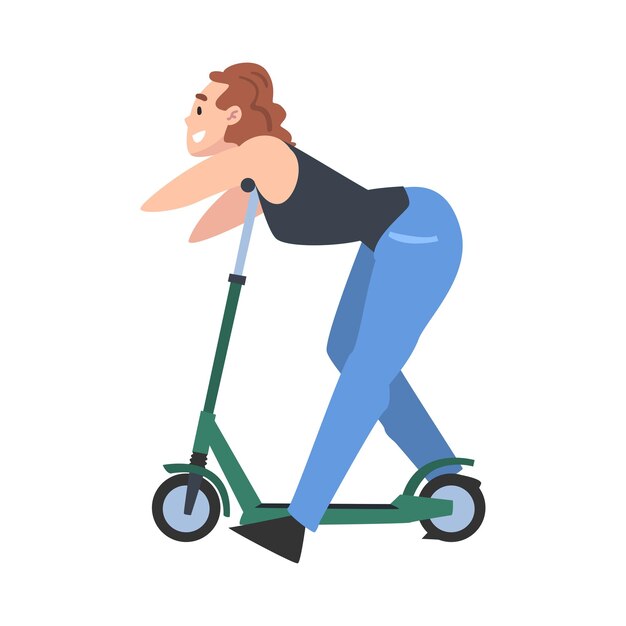 Вектор girl riding kick scooter active healthy lifestyle eco friendly transport concept cartoon style vector illustration