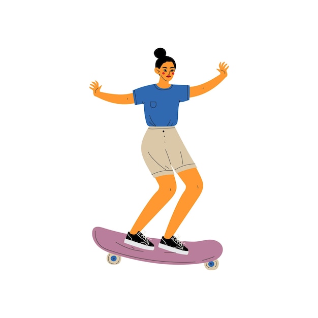 Ragazza su skateboard skateboarder femminile personaggio attivo stile di vita sano illustrazione vettoriale su sfondo bianco