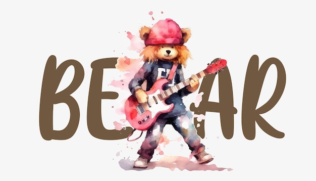 Girl rock teddy bear in red cap and jeans realistic watercolor style vector illustration