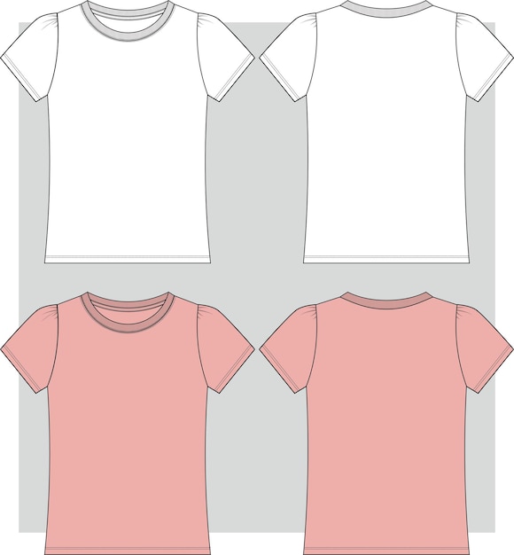 Vector girl round neck tshirt flat sketch front back