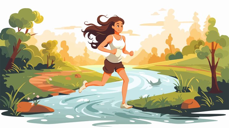 Vector girl running along river