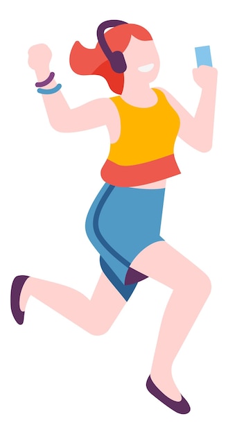 Girl running in headphones Cheerful young woman smiling