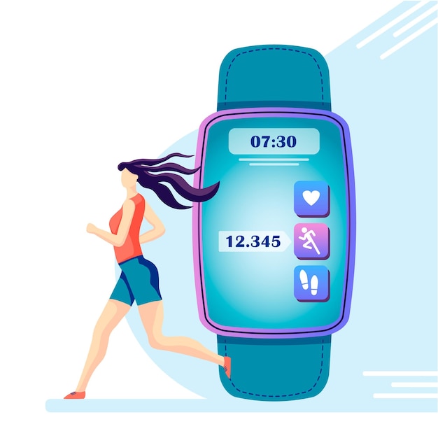 Vector the girl runs and the app in the smartwatch tracks her workout