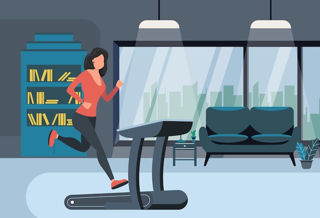 Vector the girl runs on a treadmill in home. fitness concept. vector illustration in modern style