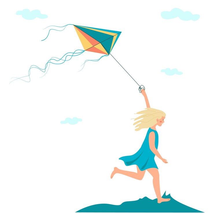 Vector girl runs with kite summer time hand drawn illustration on white background