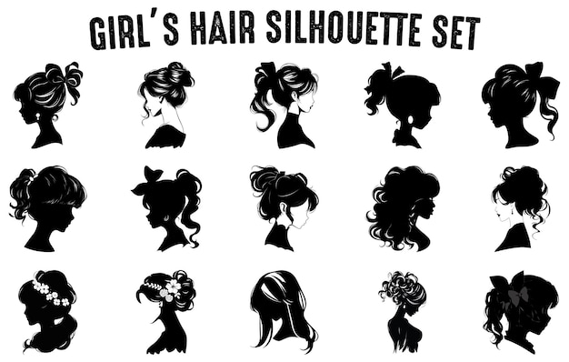 Girl's hair silhouette Vector set Girl's hairstyles Silhouettes women's hair silhouette illustration