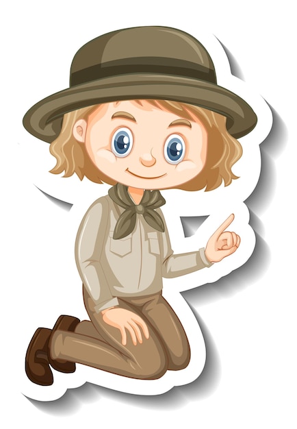 Vettore ragazza in costume da safari adesivo personaggio dei cartoni animati