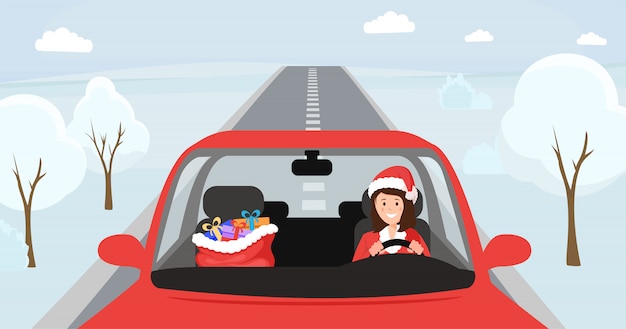 Vector girl in santa hat driving illustration. woman in christmas costume sitting at front seat of automobile with big bag with presents. female driver character in festive x-mas clothing, winter snowy road